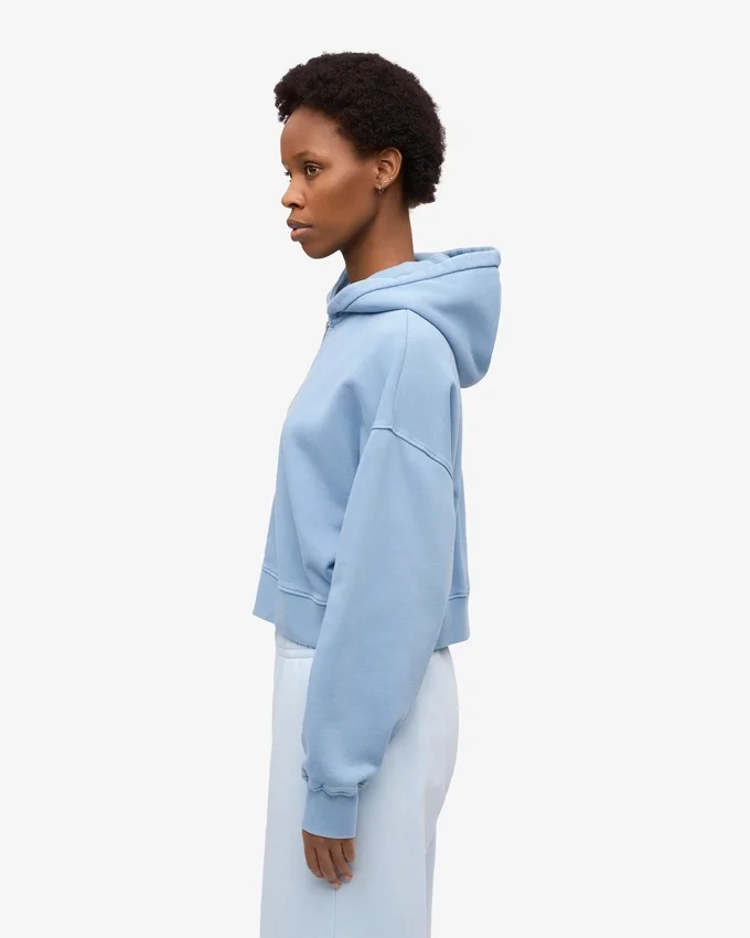Sudadera con capucha corta y cremallera de algodón orgánico - Azul mar
