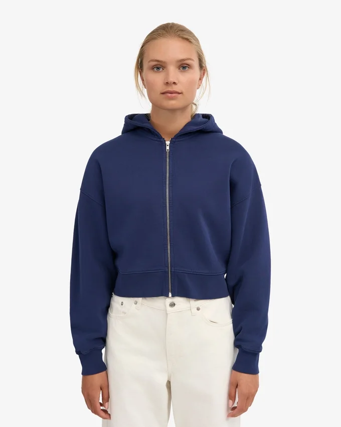 Sudadera con capucha corta y cremallera de algodón orgánico - Azul marino