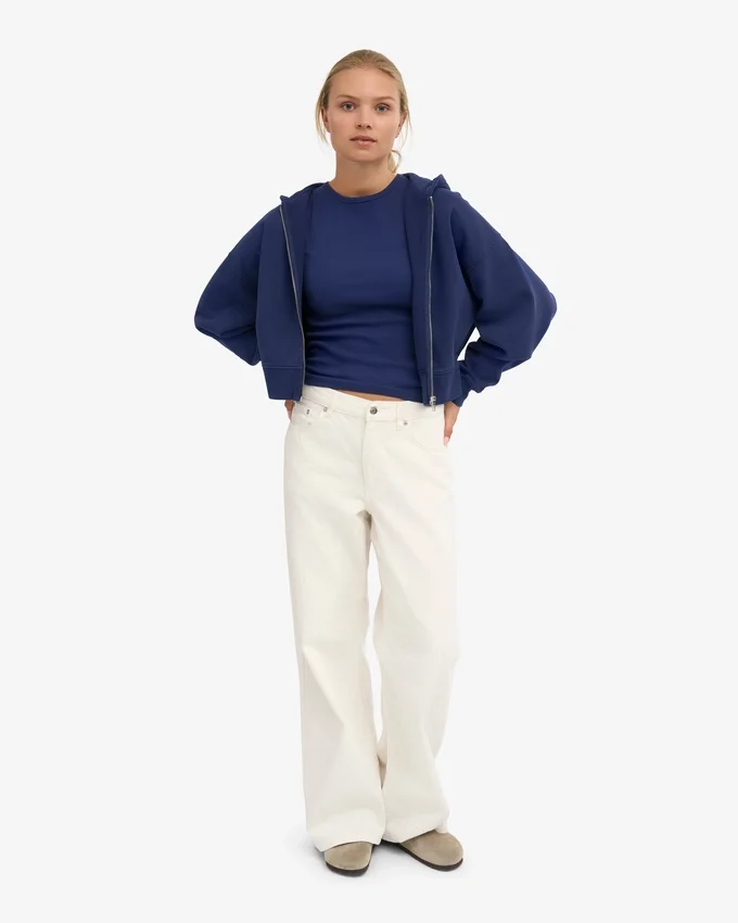 Sudadera con capucha corta y cremallera de algodón orgánico - Azul marino