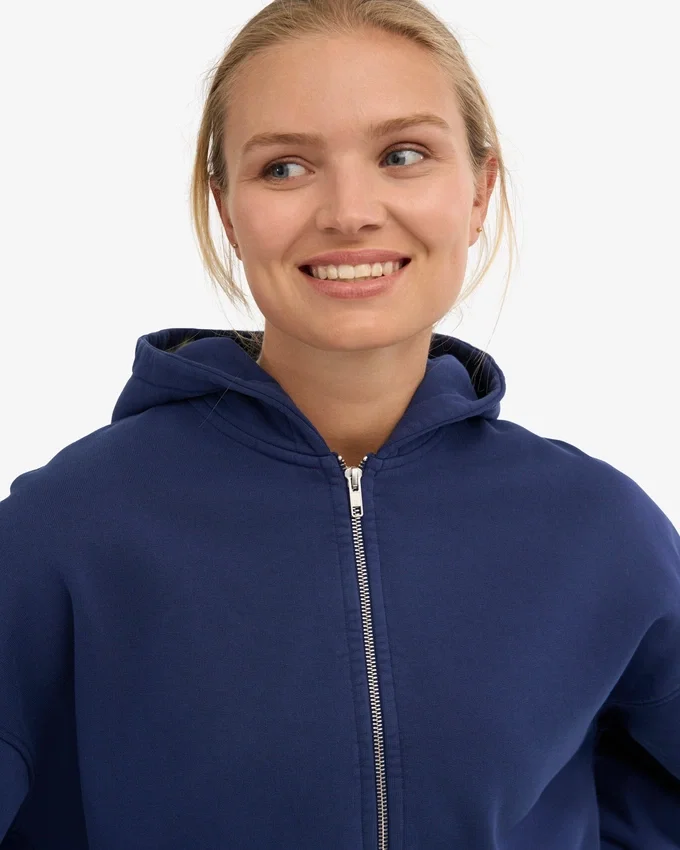 Sudadera con capucha corta y cremallera de algodón orgánico - Azul marino