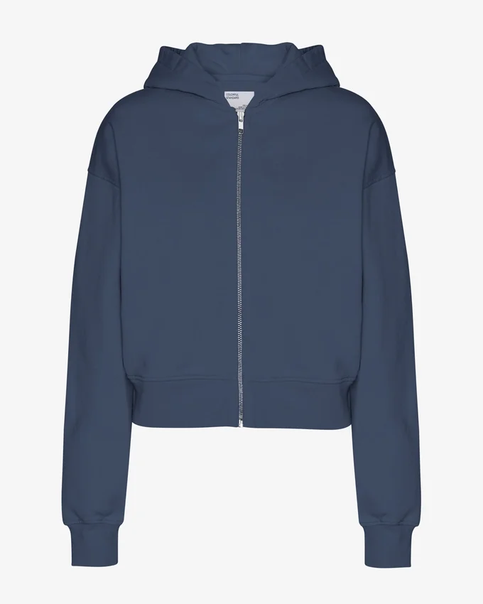 Sudadera con capucha corta y cremallera de algodón orgánico - Azul petróleo