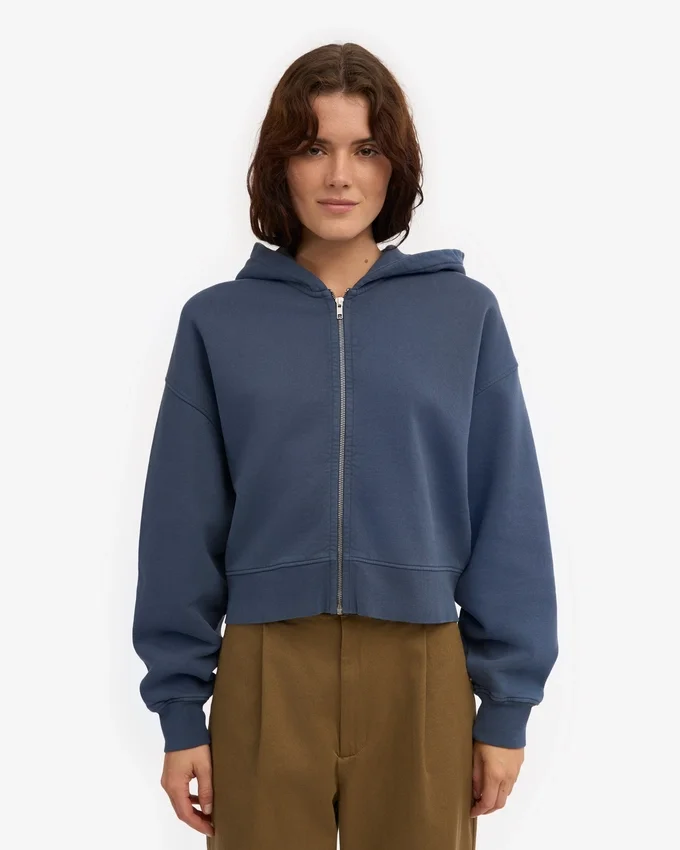Sudadera con capucha corta y cremallera de algodón orgánico - Azul petróleo
