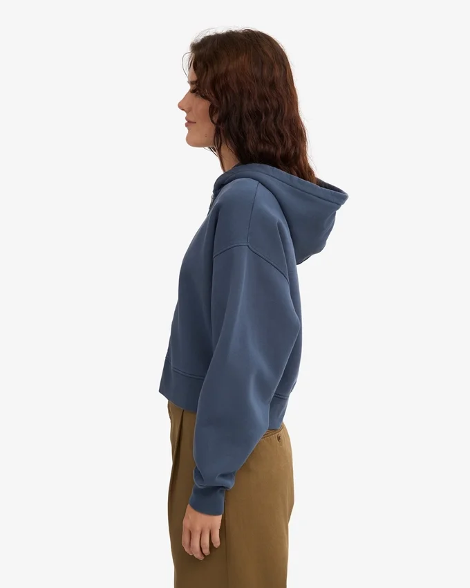 Sudadera con capucha corta y cremallera de algodón orgánico - Azul petróleo