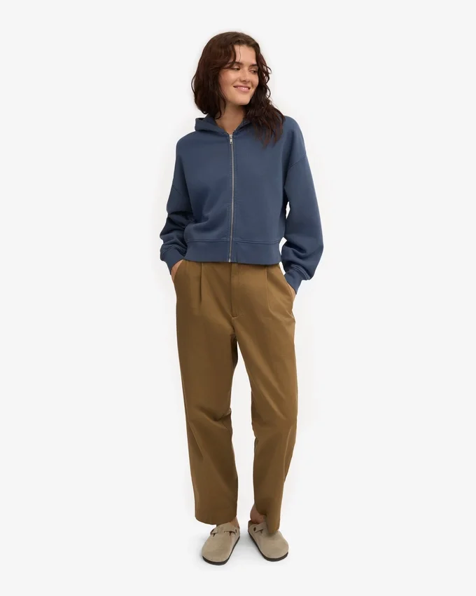 Sudadera con capucha corta y cremallera de algodón orgánico - Azul petróleo