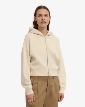 Sudadera con capucha corta y cremallera de algodón orgánico – Blanco marfil