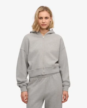 Sudadera con capucha corta y cremallera de algodón orgánico – Gris jaspeado