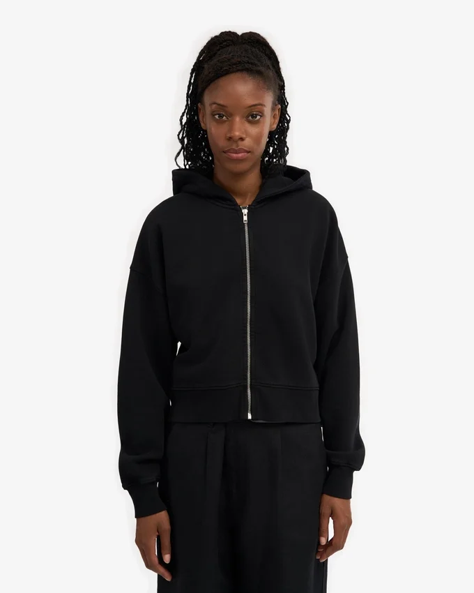 Sudadera con capucha corta y cremallera de algodón orgánico - Negro intenso