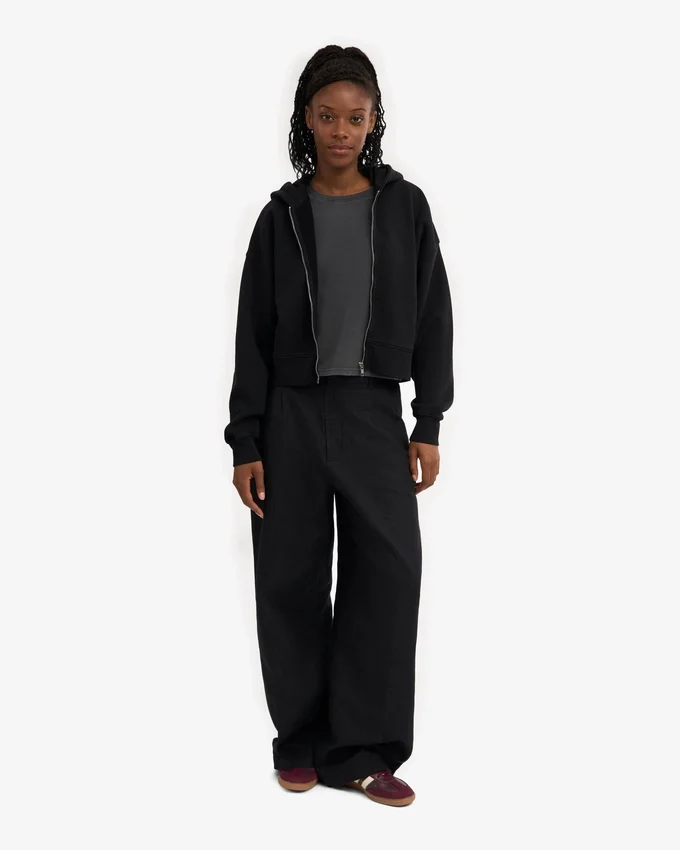 Sudadera con capucha corta y cremallera de algodón orgánico - Negro intenso