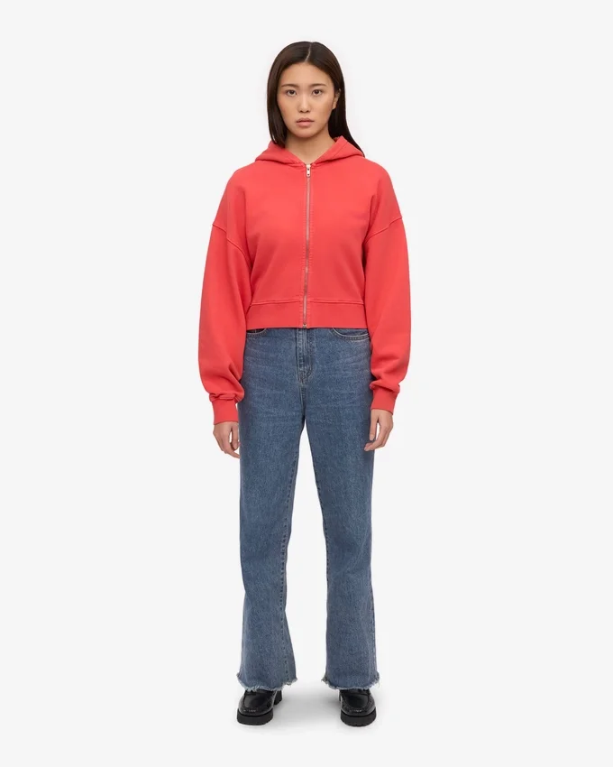 Sudadera con capucha corta y cremallera de algodón orgánico - Rojo mandarina