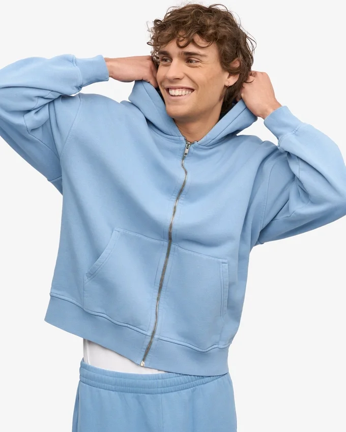 Sudadera con capucha oversize de algodón orgánico con cremallera - Azul mar