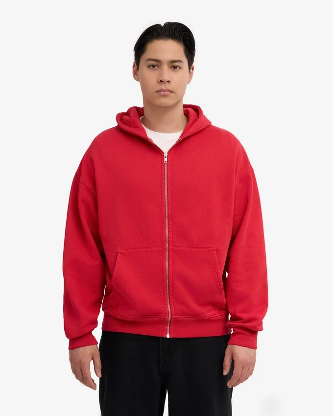 Sudadera con capucha oversize de algodón orgánico con cremallera - Rojo escarlata