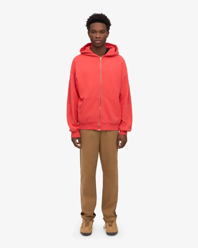 Sudadera con capucha oversize de algodón orgánico con cremallera - Rojo mandarina