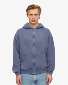 Sudadera con capucha oversize y cremallera de algodón orgánico – Azul Neptuno