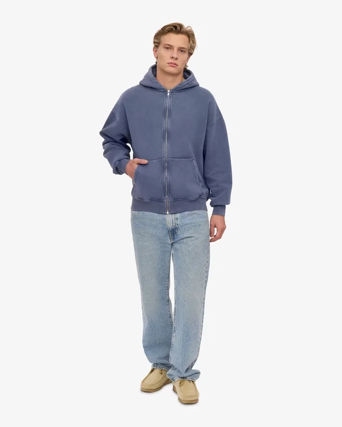 Sudadera con capucha oversize y cremallera de algodón orgánico - Azul Neptuno