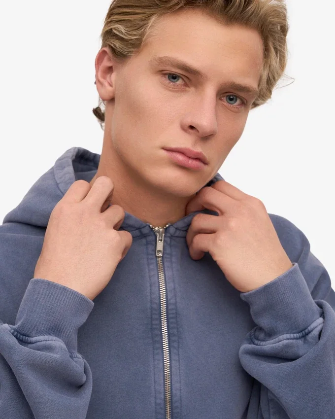 Sudadera con capucha oversize y cremallera de algodón orgánico - Azul Neptuno