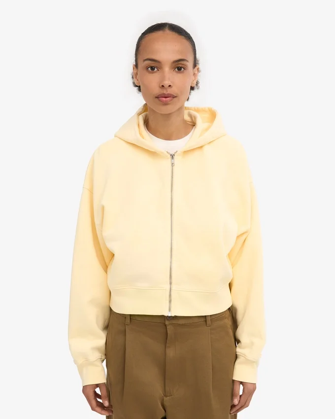 Sudadera con capucha y cremallera corta de algodón orgánico - Amarillo suave