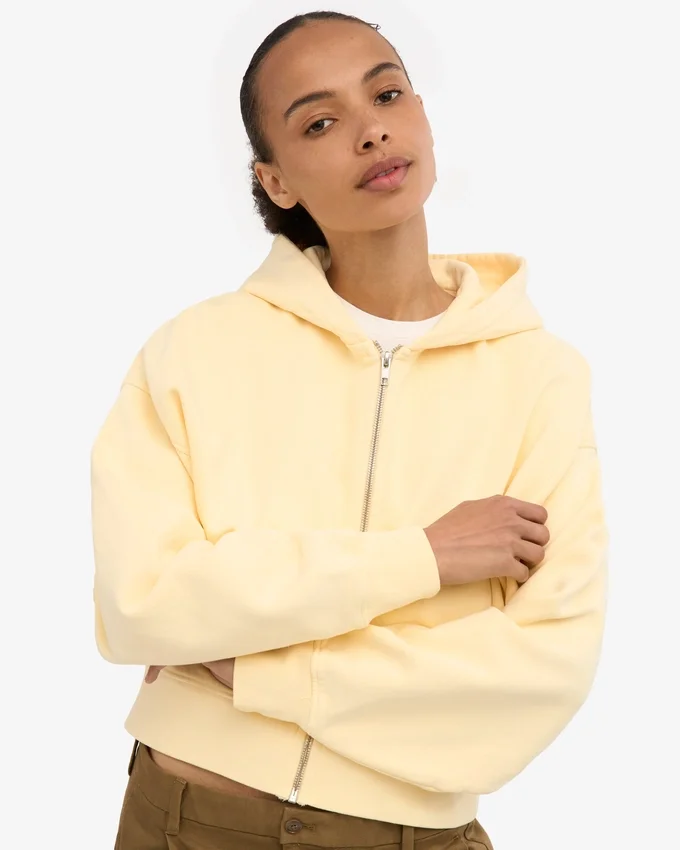 Sudadera con capucha y cremallera corta de algodón orgánico - Amarillo suave