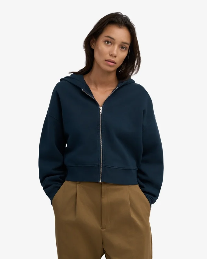 Sudadera con capucha y cremallera corta de algodón orgánico - Azul marino