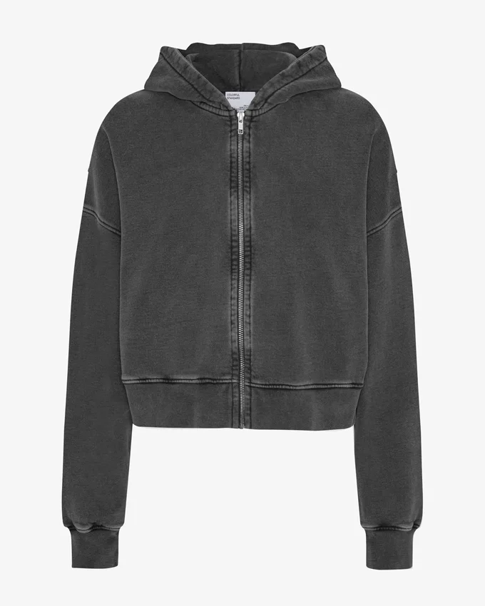 Sudadera con capucha y cremallera corta de algodón orgánico - Negro descolorido
