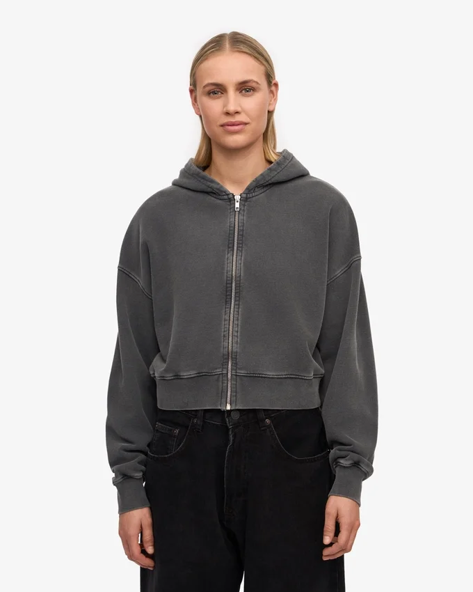 Sudadera con capucha y cremallera corta de algodón orgánico - Negro descolorido