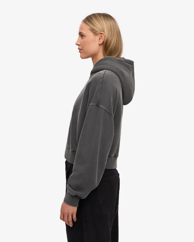 Sudadera con capucha y cremallera corta de algodón orgánico - Negro descolorido