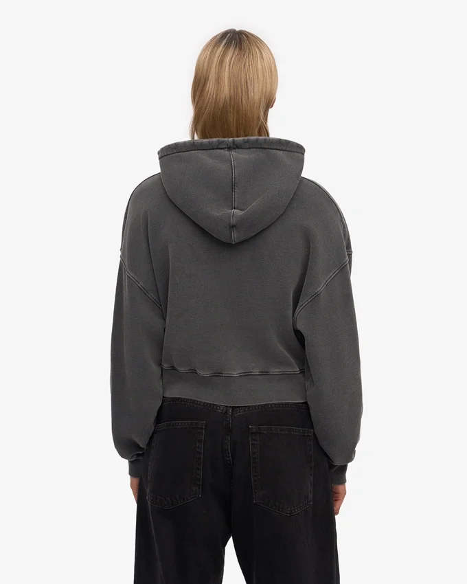 Sudadera con capucha y cremallera corta de algodón orgánico - Negro descolorido