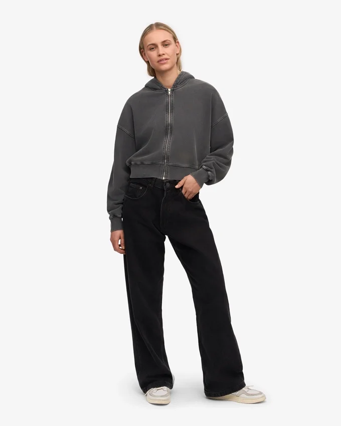 Sudadera con capucha y cremallera corta de algodón orgánico - Negro descolorido