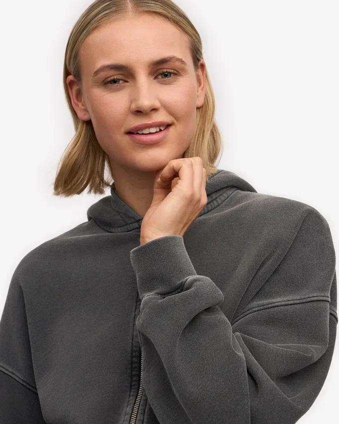 Sudadera con capucha y cremallera corta de algodón orgánico - Negro descolorido