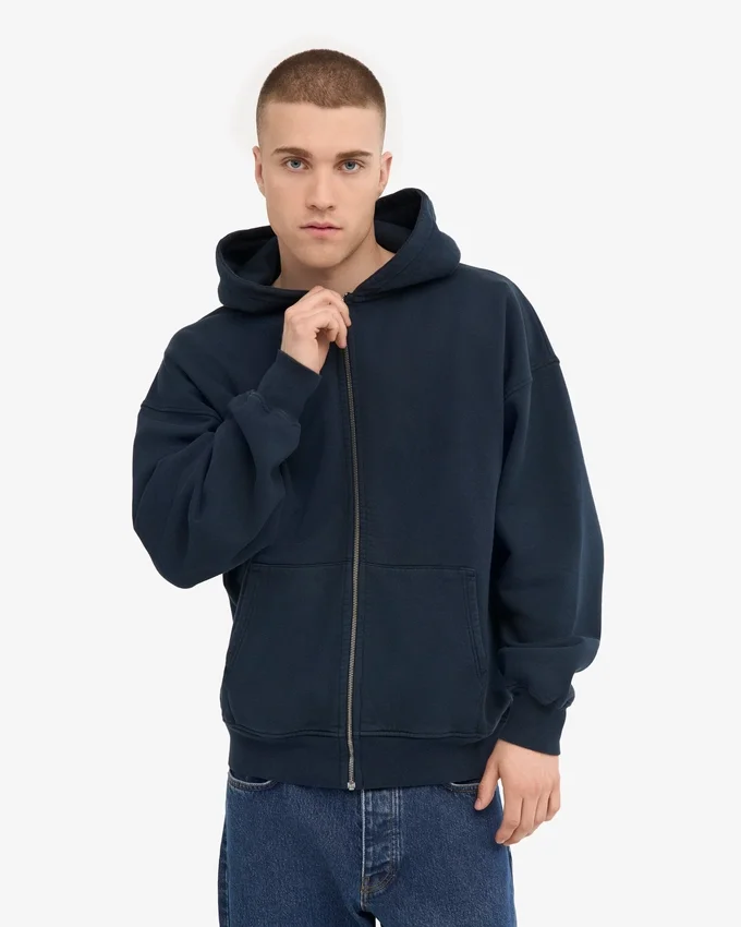 Sudadera con capucha y cremallera oversize de algodón orgánico - Azul marino