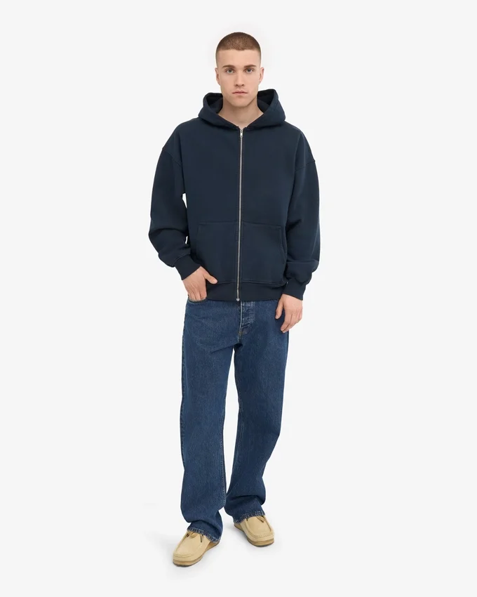 Sudadera con capucha y cremallera oversize de algodón orgánico - Azul marino