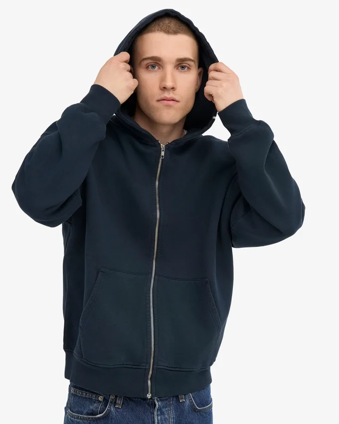 Sudadera con capucha y cremallera oversize de algodón orgánico - Azul marino