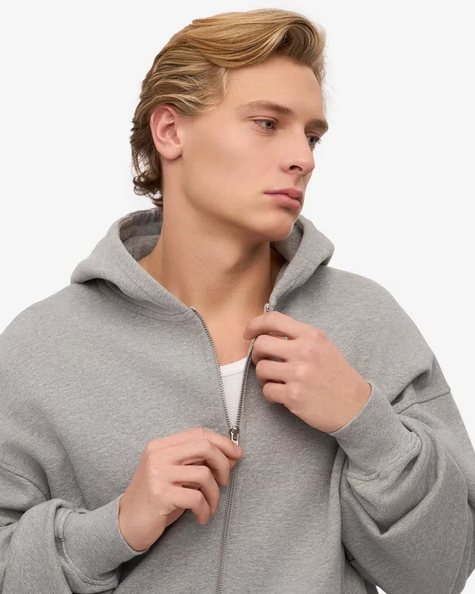 Sudadera con capucha y cremallera oversize de algodón orgánico - Gris jaspeado