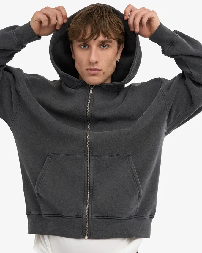 Sudadera con capucha y cremallera oversize de algodón orgánico - Negro descolorido