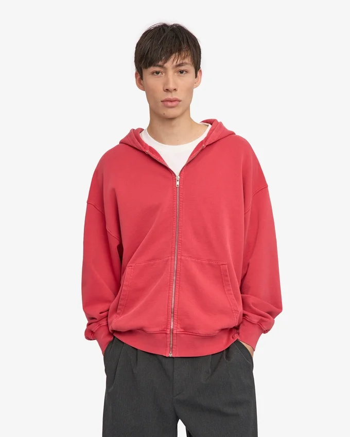 Sudadera con capucha y cremallera oversize de algodón orgánico - Rojo descolorido