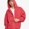 Sudadera con capucha y cremallera oversize de algodón orgánico - Rojo descolorido
