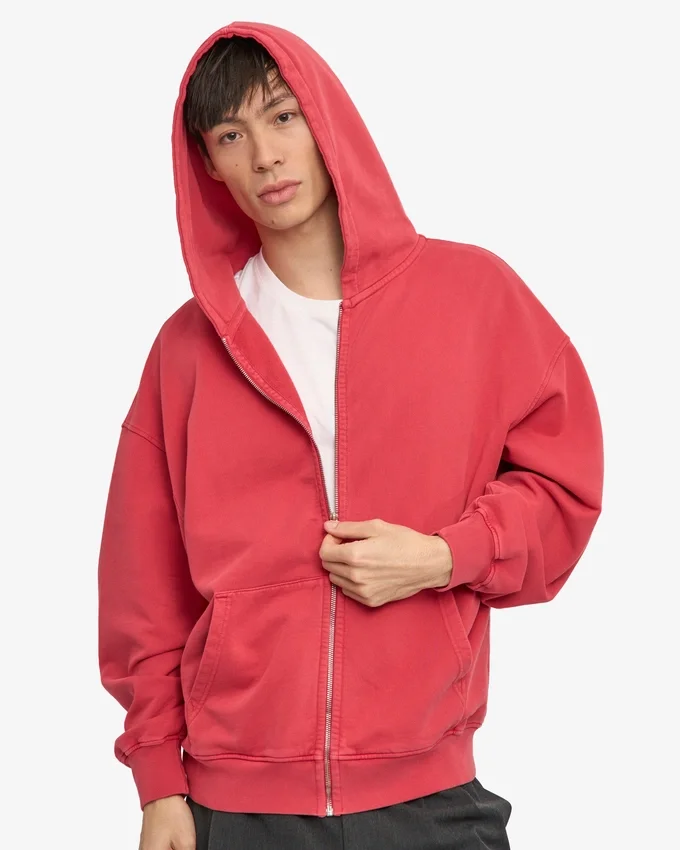 Sudadera con capucha y cremallera oversize de algodón orgánico - Rojo descolorido