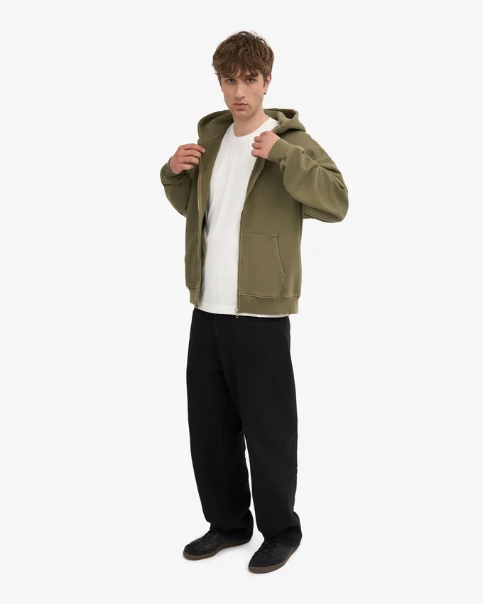 Sudadera con capucha y cremallera oversize de algodón orgánico - Verde oliva apagado