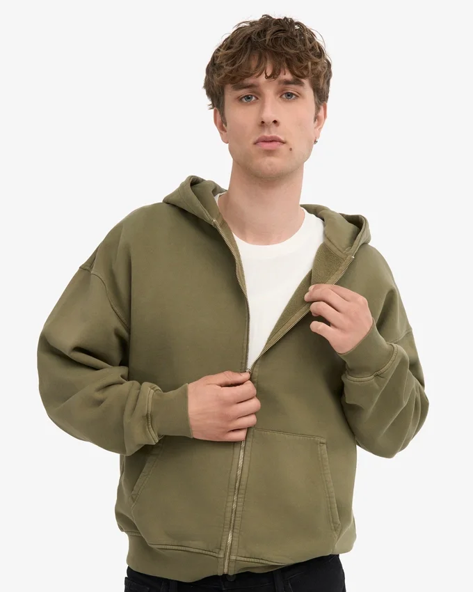 Sudadera con capucha y cremallera oversize de algodón orgánico - Verde oliva apagado