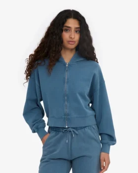 Sudadera corta con capucha y cremallera orgánica – Índigo descolorido