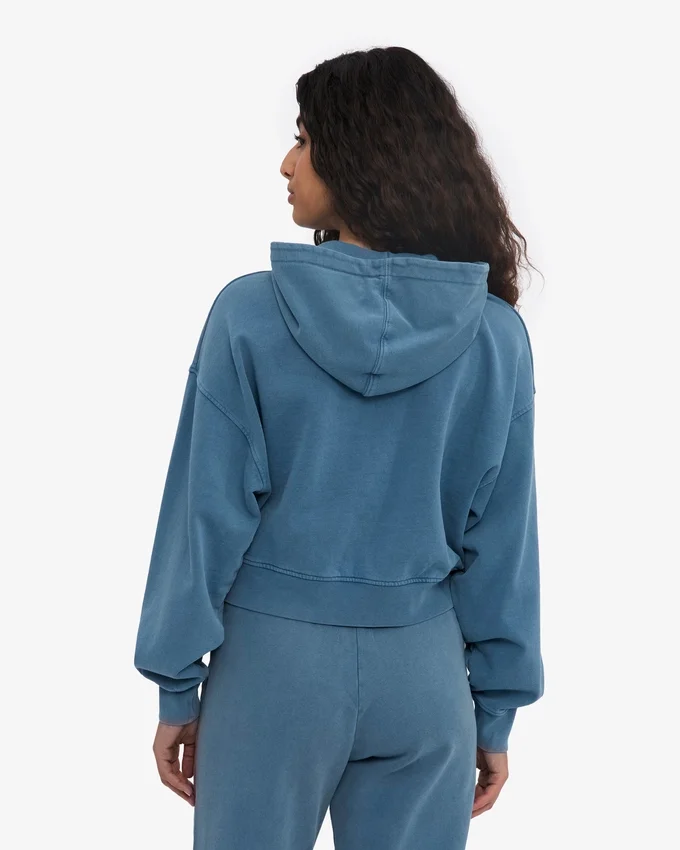 Sudadera corta con capucha y cremallera orgánica - Índigo descolorido