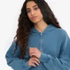 Sudadera corta con capucha y cremallera orgánica - Índigo descolorido