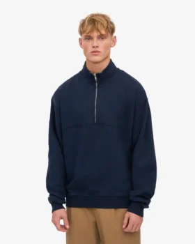 Sudadera orgánica con jerséu de media cremallera – Azul marino