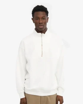Sudadera orgánica con jerséu de media cremallera – Blanco óptico