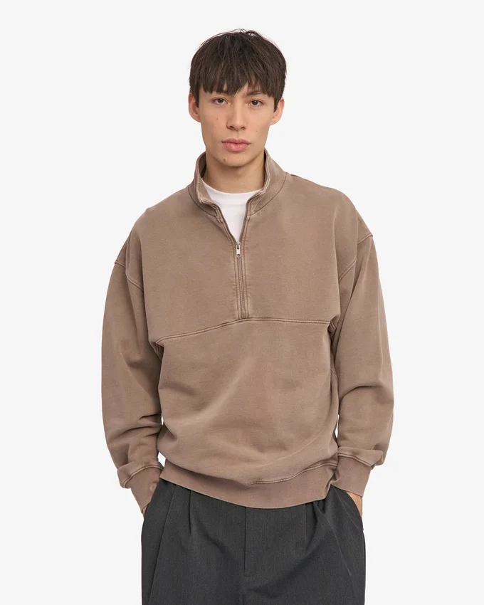 Sudadera orgánica con jerséu de media cremallera - Caqui descolorido