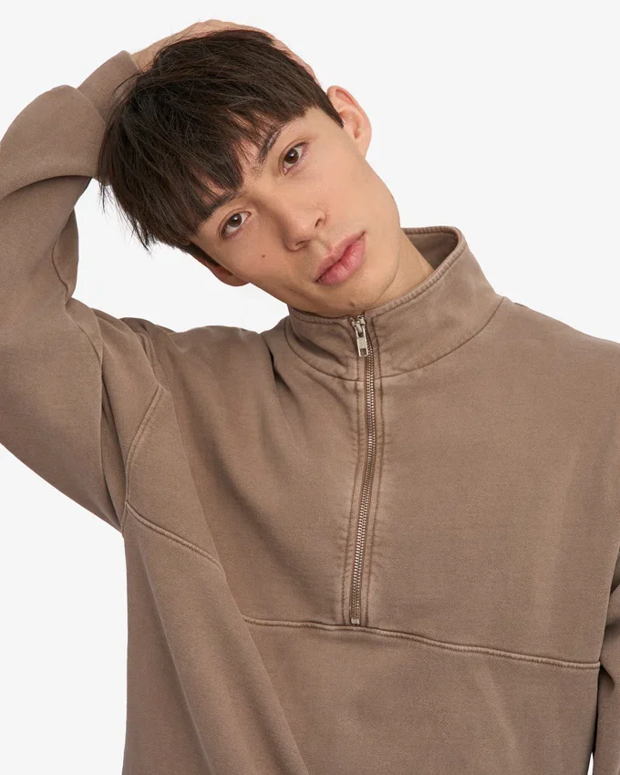 Sudadera orgánica con jerséu de media cremallera - Caqui descolorido
