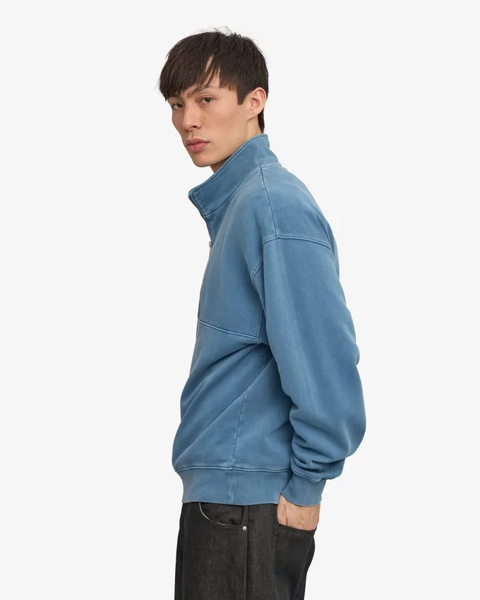 Sudadera orgánica con jerséu de media cremallera - Índigo descolorido
