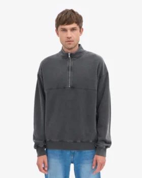 Sudadera orgánica con jerséu de media cremallera – Negro descolorido