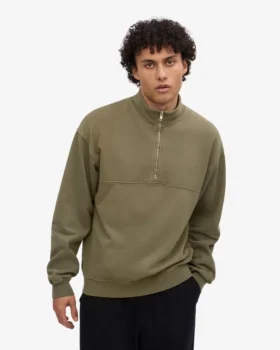 Sudadera orgánica con jerséu de media cremallera – Verde oliva apagado