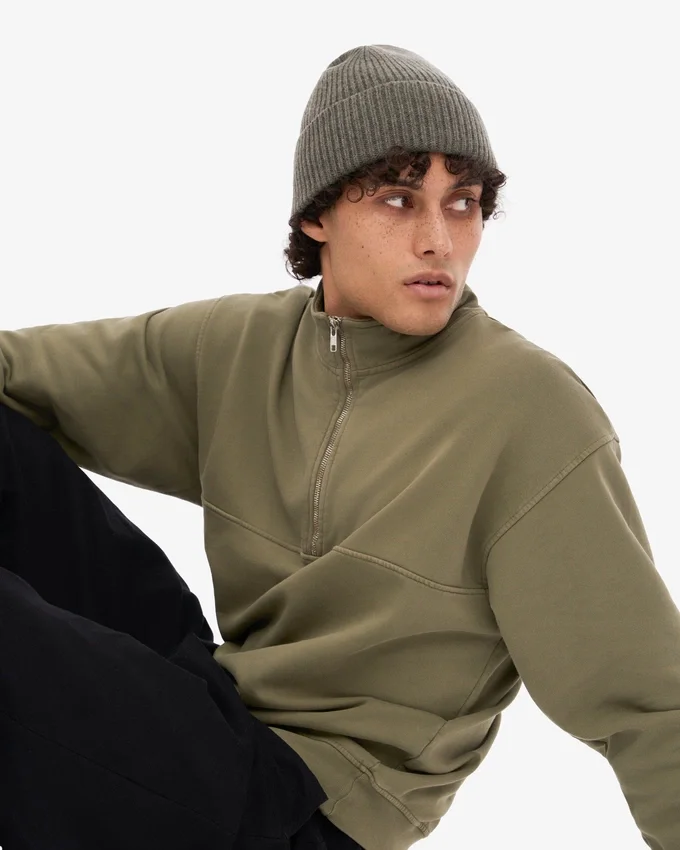 Sudadera orgánica con jerséu de media cremallera - Verde oliva apagado